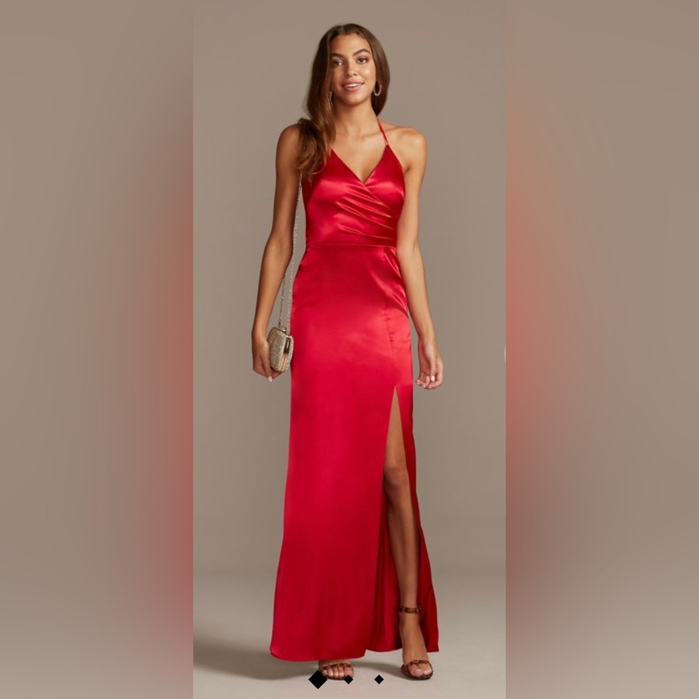 wrap halter long satin dress with skirt slit
